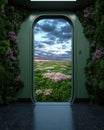 A portal to a field of flowers and a cloudy sky, surrounded by greenery. Royalty Free Stock Photo