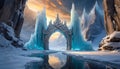 Portal to mystical ice kingdom. Frozen gateway. Beautiful landscape. Winter scenery