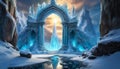 Portal to mystical ice kingdom. Frozen gateway. Beautiful landscape. Winter scenery