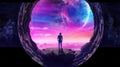 Portal to other fantasy worlds. Silhouette of a person standing on the cliff, gazing at a futuristic city and vibrant