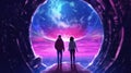 Portal to other fantasy worlds. Two people observing a vibrant cosmic scene with purple sky, large moon and futuristic Royalty Free Stock Photo