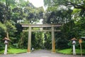 Portal of wood gate temple, Torii of Meiji Jingu Shrine in Central Tokyo (Shibuya), Japan. Meiji Jingu Shrin is the Shinto shrine Royalty Free Stock Photo