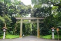 Portal of wood gate temple, Torii of Meiji Jingu Shrine in Central Tokyo (Shibuya), Japan. Meiji Jingu Shrin is the Shinto shrine