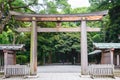 Portal of wood gate temple, Torii of Meiji Jingu Shrine in Central Tokyo (Shibuya), Japan. Meiji Jingu Shrin is the Shinto shrine