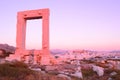 Portara, remnant of Apollo's temple, at sunset, in Naxos island,