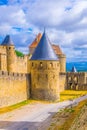 Porte Narbonnaise leading to the old town of Carcassonne, France