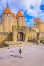 Porte Narbonnaise leading to the old town of Carcassonne, France