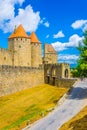 Porte Narbonnaise leading to the old town of Carcassonne, France