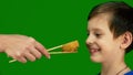 Porter of a Caucasian boy, who is served fresh delicious sushi on chopsticks. A female hand holds sushi that a child adores. Green