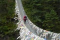 A porter over a suspension bridge in Jorsale, Everest Base Camp trek, Nepal