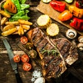 Porterhouse steak with assorted roast vegetables