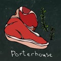 Porterhouse Steak Cut and Rosemary Vector Isolated On Chalkboard Background.