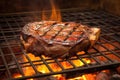 porterhouse steak on a gridiron over wood fire