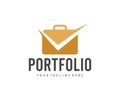 Portfolio and check mark, briefcase, bag and suitcase, logo design. Business, accounting and finance, vector design