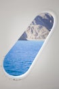 Porthole on the deck overlooking the sea and mountains Royalty Free Stock Photo