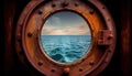 Porthole with ocean view. View of the silent sea surface through a rusty porthole of the ship. Generative AI