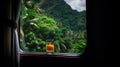 Porthole of tourist yacht sails on sea with glass of cocktail, background of island. AI generated.