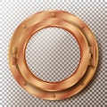 Porthole Vector. Round Brass, Bronze, Copper Window With Rivets. Bathyscaphe Ship Metal Frame Design Element. For