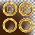 Golden Porthole Vector. Metal Window With Rivets. Bathyscaphe Ship Frame Design Element, Rocket. For Laboratory