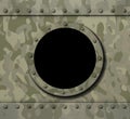 Porthole window on military metal background 3d illustration