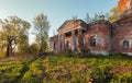 Portico with columns of an old, abandoned, brick church at sunset Royalty Free Stock Photo