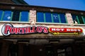 Portillo\'s Hot Dogs Restaurant sign in downtown Chicago River North