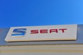 Logo of Seat automotive company at the top of dealer store
