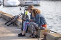 two woman relax after riding the bicycle