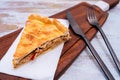 Portioin of Empanada Gallega, traditional plant of Galician cuisine, in Spain, Tart with tuna and vegetables. Traditional cuisine