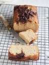 portion of banana bread with chocolate