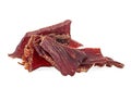 Portion of beef jerky on white white background. Full depth of field Royalty Free Stock Photo