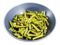 portion of boiled green bean in gray bowl isolated