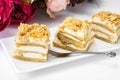 Portion cake of puff pastry with vanilla butter cream Royalty Free Stock Photo