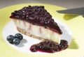 Portion of cheesecake with blueberry jam