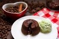 A portion of chocolate fondant with a scoop of pistachio ice cream on a plate.