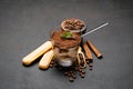 Portion of Classic tiramisu dessert in a glass cup, scoop full of coffee and cinnamon sticks on dark concrete background Royalty Free Stock Photo