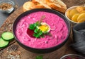 A portion of cold beetroot soup with herbs, egg and cucumber. Side view, close-up.