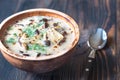 Portion of creamy mushroom soup