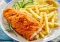 Portion of crispy fish with chips