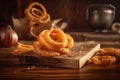 portion of crispy fried onion rings on rustic wooden table. AI generated