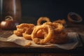 portion of crispy fried onion rings on rustic wooden table. AI generated