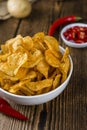 Portion of crispy Potato Chips (selective focus)