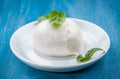 Portion of delicious buffalo mozzarella with basil leaves