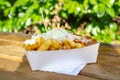 Portion of fresh fried Belgium potatoes sticks with inion, ketshup and sate sauce Royalty Free Stock Photo