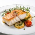 A portion of fresh grilled cod served salad and slices of baked potato and tomato, close up high angle view Royalty Free Stock Photo