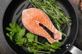 Portion of fresh salmon fillet, in cast iron frying pan, top view flat lay