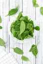 Portion of fresh Spinach on a wooden table close-up shot Royalty Free Stock Photo