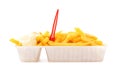 Portion of fries with mayonnaise and plastic fork