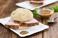Portion of German Leberkaese on wooden background (selective focus) Royalty Free Stock Photo