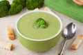 Portion of green broccoli cream soup restaraunt